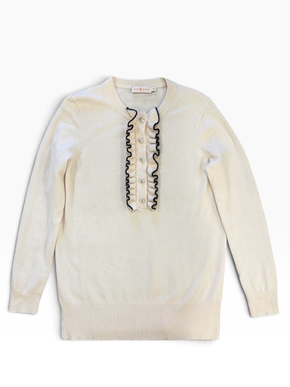 Tory Burch Emily Ivory Cashmere Ruffle Sweater Pearl Button Cream M